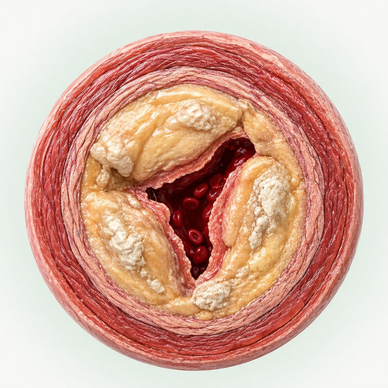 Illustration of calcified arterial plaque hardening inside an artery wall
