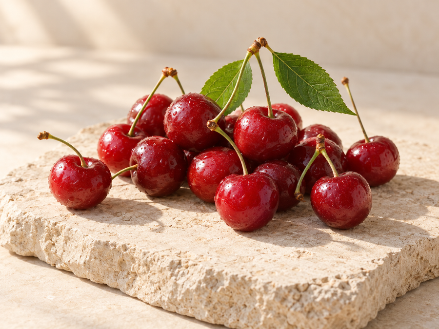 Montmorency tart cherries on pale limestone