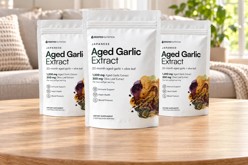 Three white Rooted Aged Garlic Extract pouches