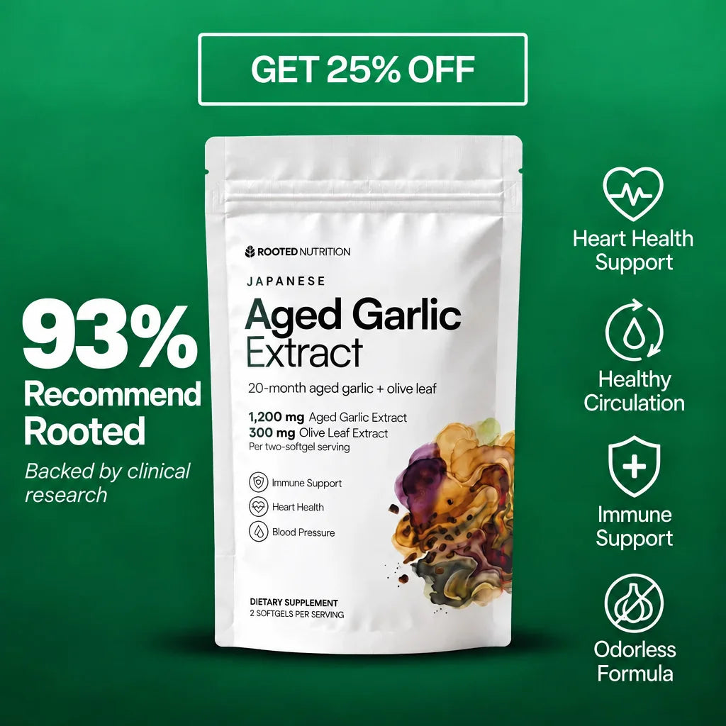 Rooted Aged Garlic white pouch — 93% Recommend Rooted. Backed by clinical research. Get 25% off.