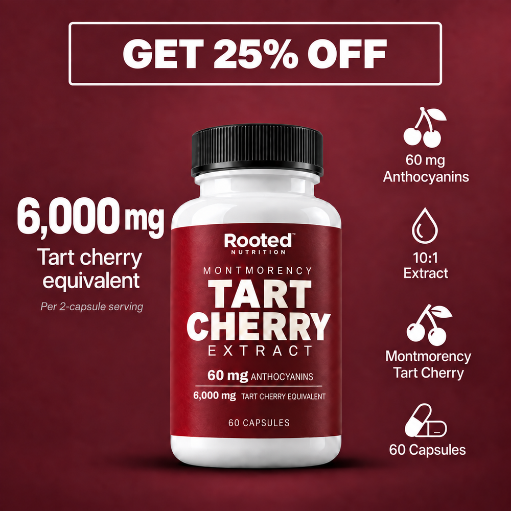 Rooted Nutrition Montmorency Tart Cherry: 6,000 mg equivalent, 60 mg anthocyanins, 10:1 extract and 60 capsules