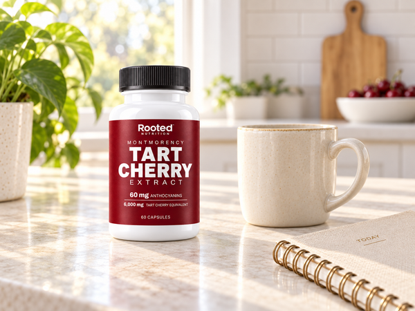 Rooted Tart Cherry bottle beside a mug and planner