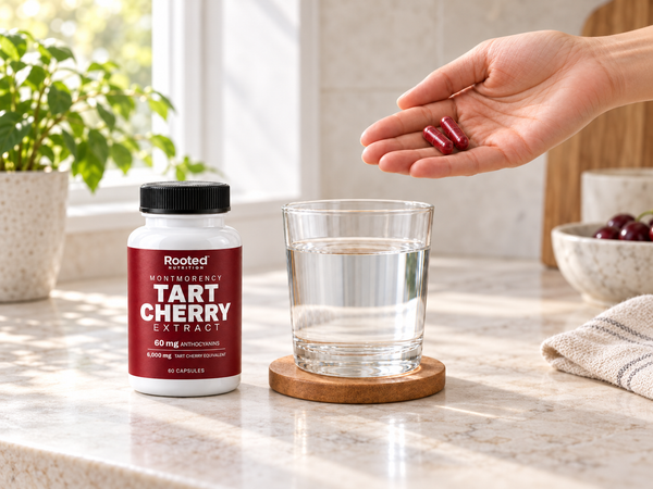Two capsules beside a glass of water and a Rooted bottle